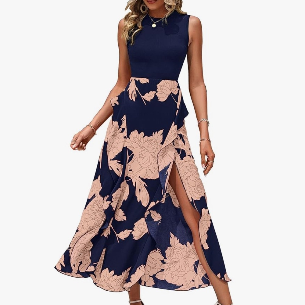 Pink Floral Navy Maxi Dress with Slit